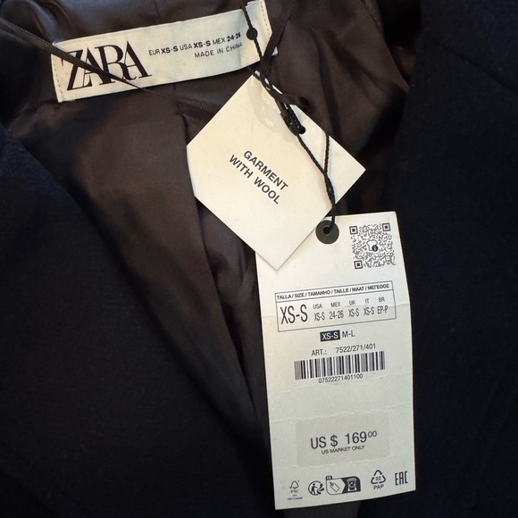 NWT Zara Wool Blend Oversized Long Coat Navy Blue Minimalist Chic Sz XS-S - Picture 8 of 9